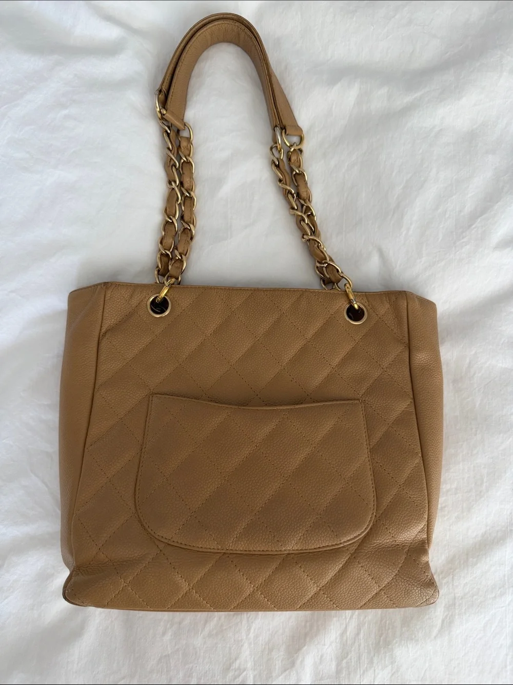 CHANEL Vintage Caviar Quilted Tan Leather Shoulder Tote with Gold Chain Straps - Picture 2 of 16